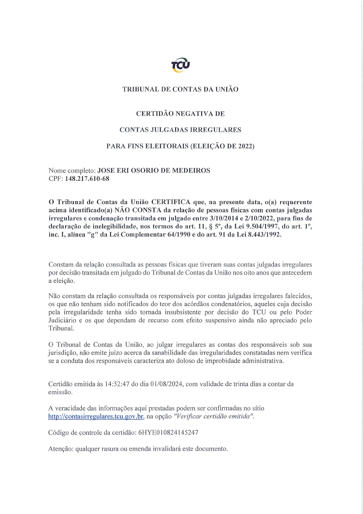 Página 1 de Certidão Negativa de Contas Julgadas Irregulares para Fins Eleitorais