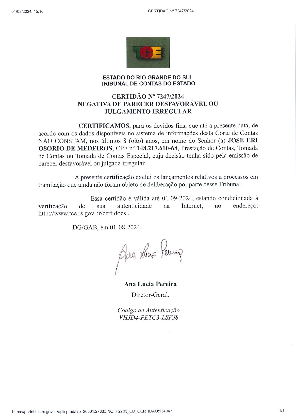 Página 1 de Certidão Negativa do Tribunal de Contas do Estado do RS