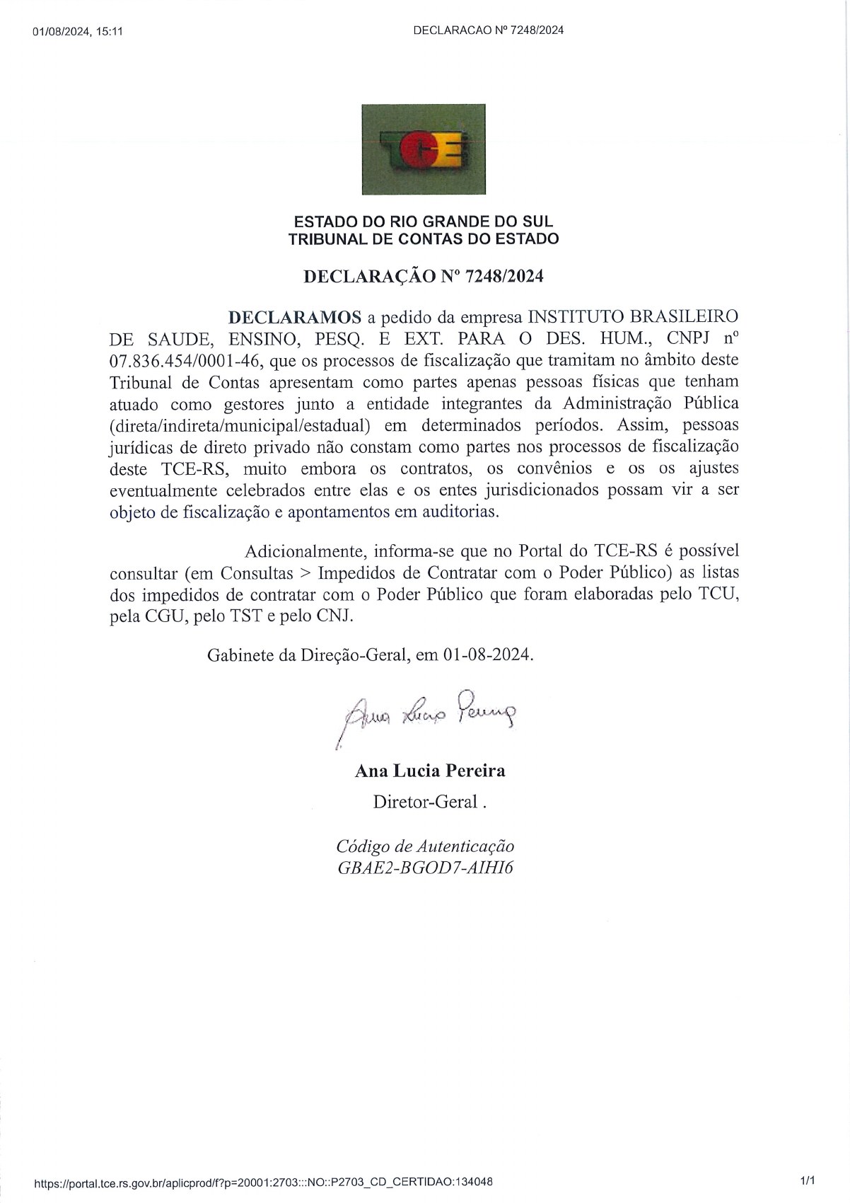 Página 1 de Certidão Negativa do Tribunal de Contas do Estado do RS