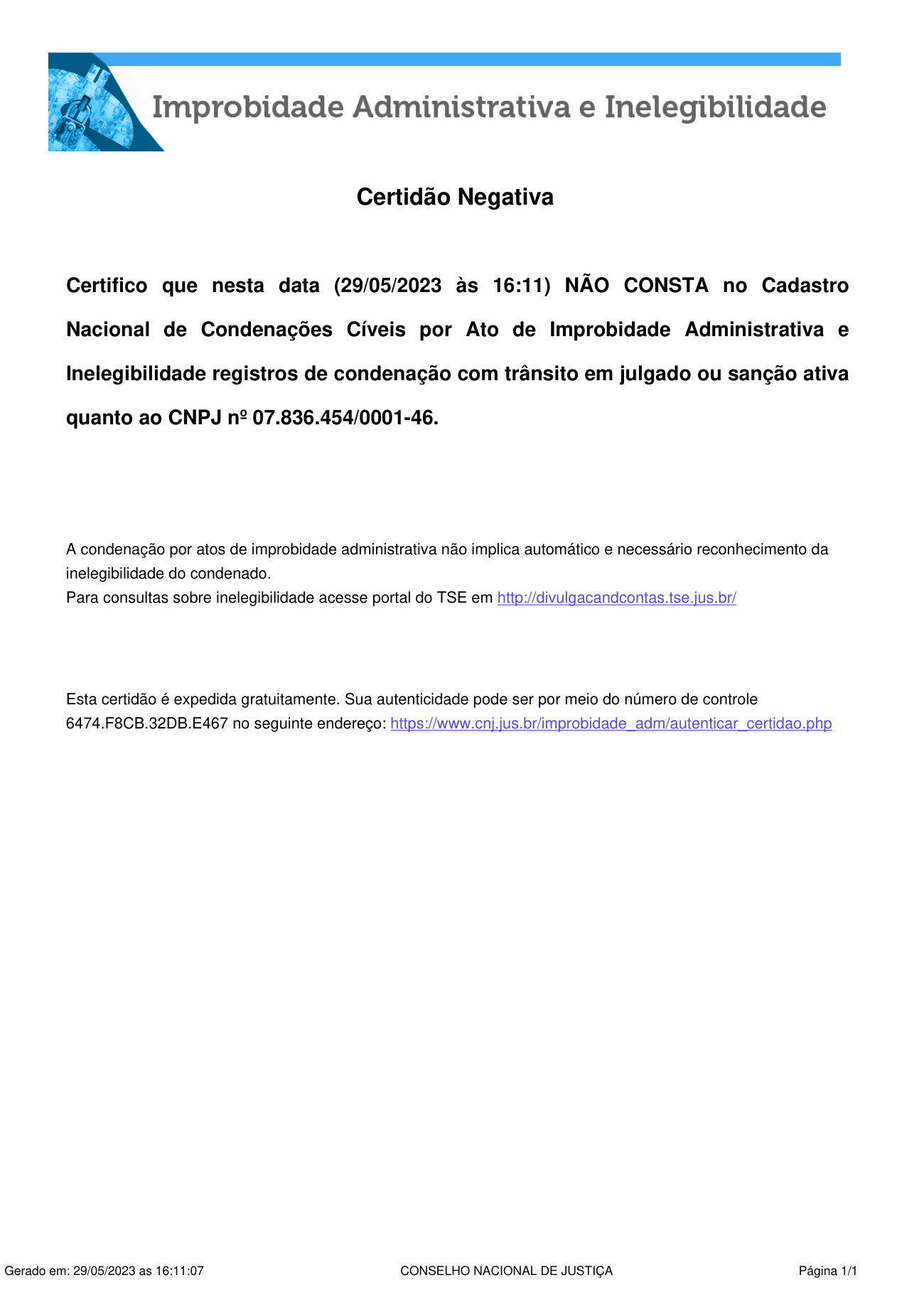 Página 1 de Certidão Negativa de Improbidade Administrativa e Inelegibilidade