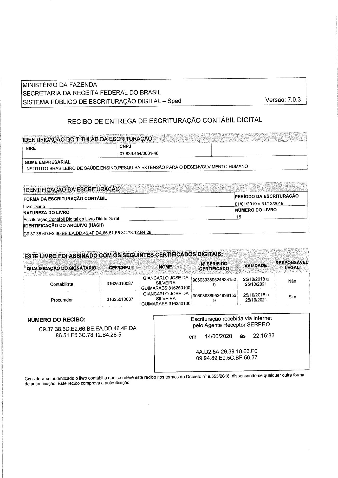 Página 1 de Balanço Patrimonial Exercício 2019